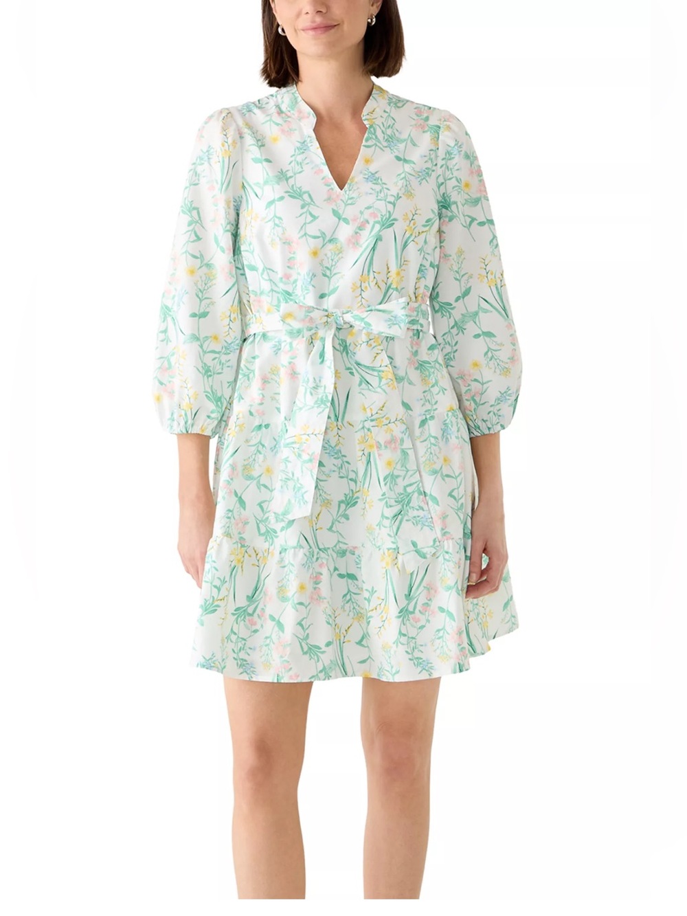 crown & ivy White Floral Tie-Waist Mini Dress with Green & Yellow Print